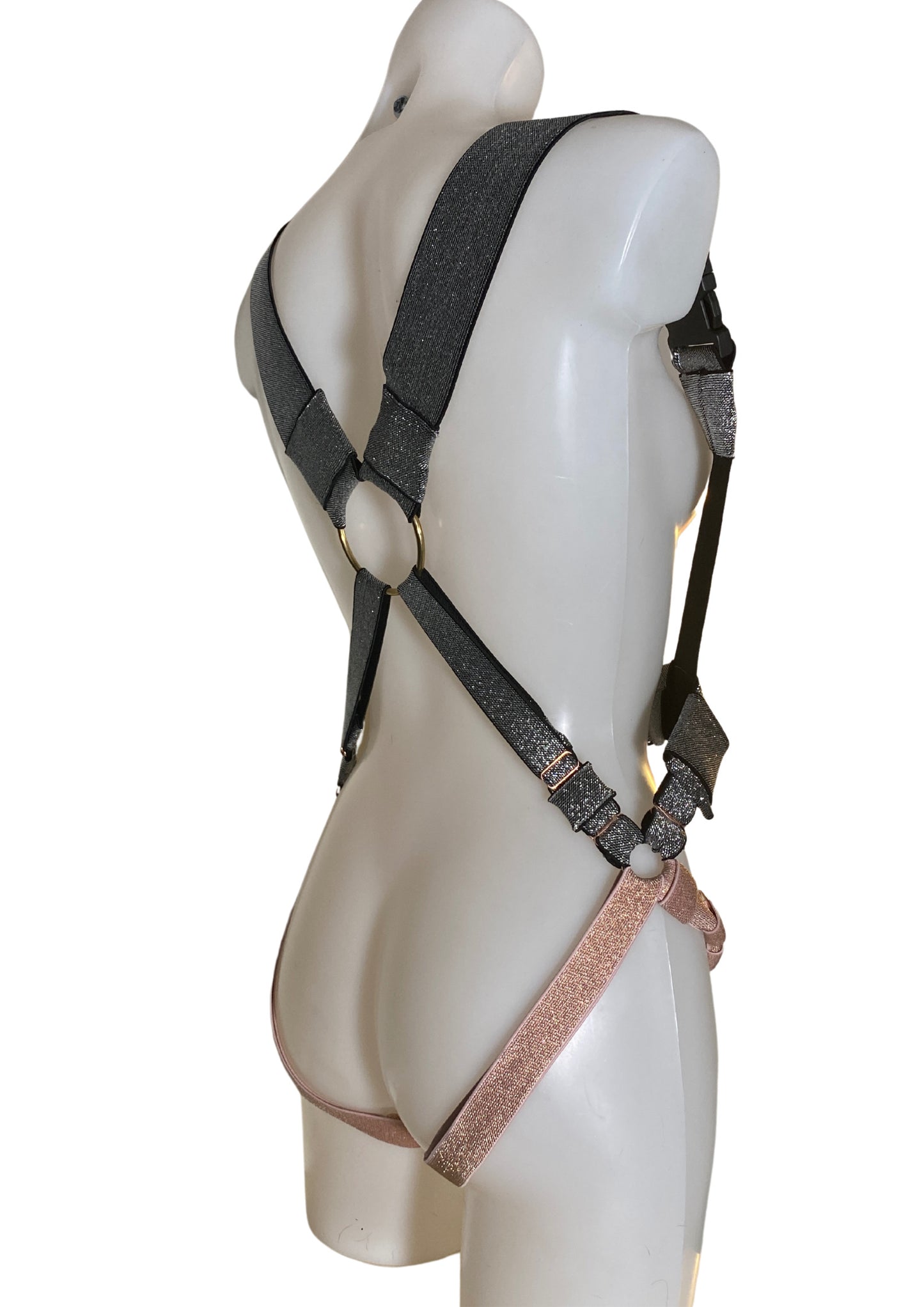 SALOON Harness Bodysuit With Chain Detail, Silver/Rose Gold (ONE OFF)