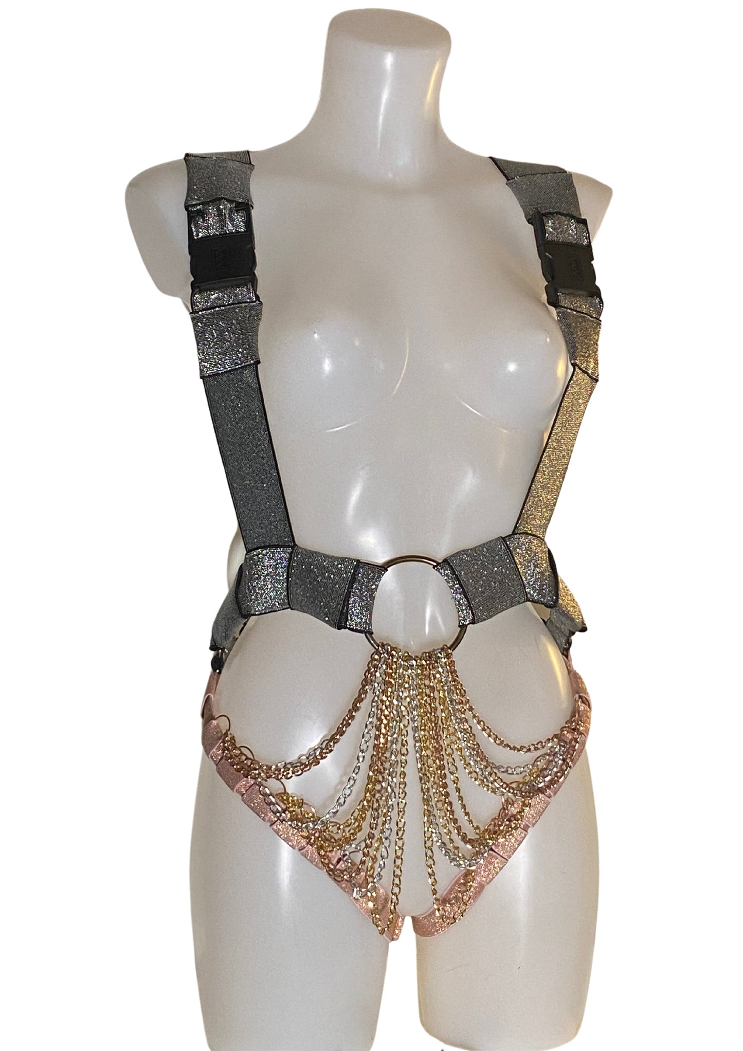 SALOON Harness Bodysuit With Chain Detail, Silver/Rose Gold (ONE OFF)