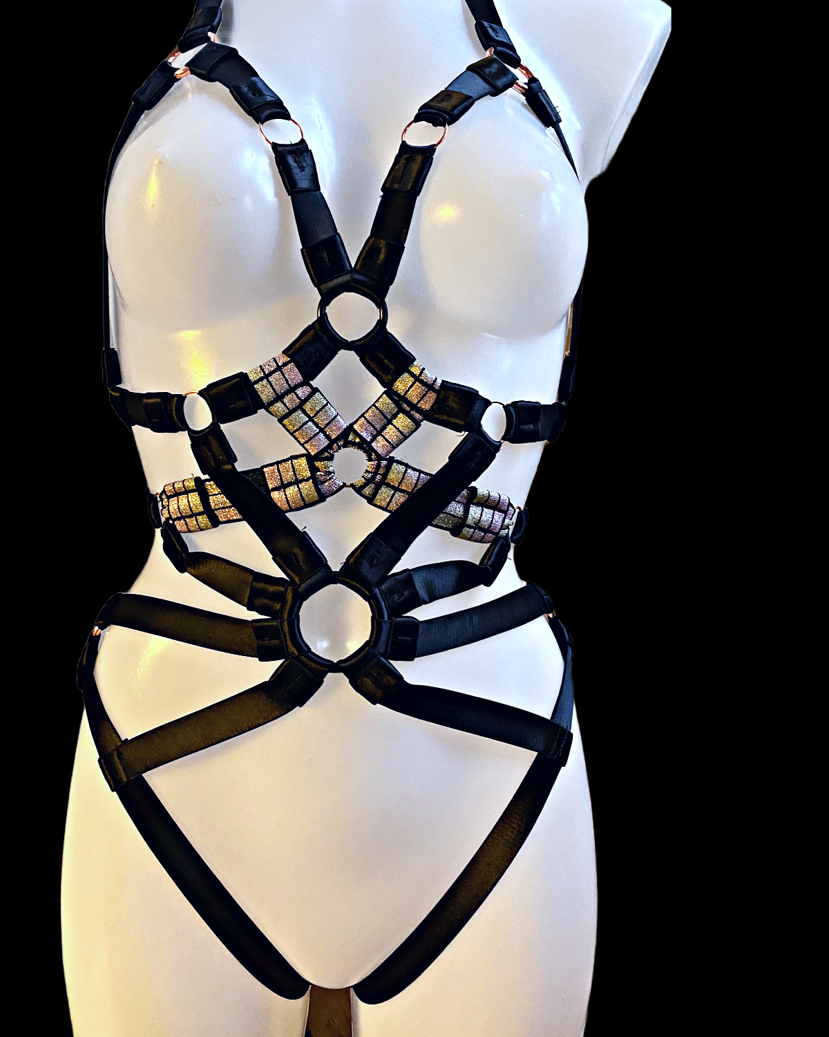 GALACTIC Bodysuit, Black and Silver mix with Rose gold Hardware -Size M- ONE OFF