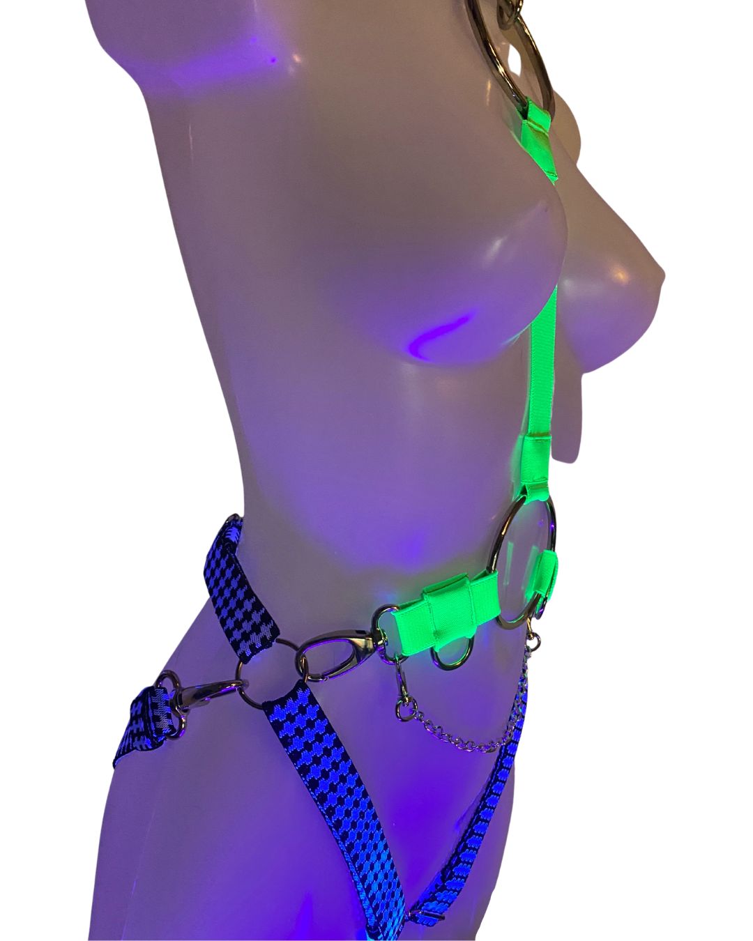 UV VELOCITY BODYSUIT, SLIME/HOUNDSTOOTH with detachable Chain