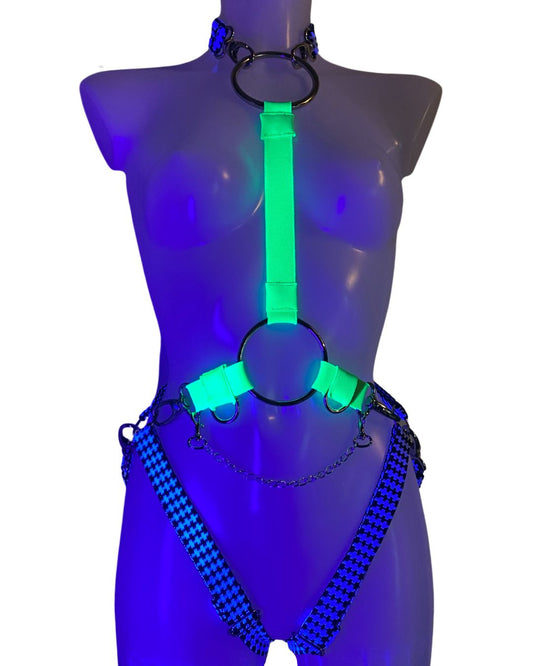 UV VELOCITY BODYSUIT, SLIME/HOUNDSTOOTH with detachable Chain