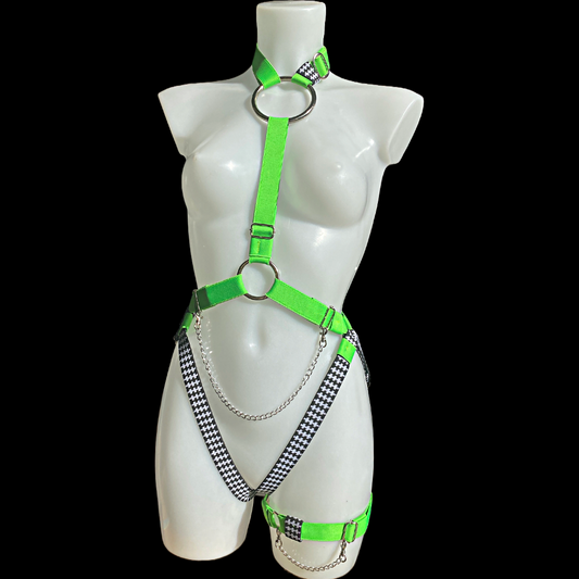 VELOCITY Bodysuit, Neon pink/green/orange with Garter and chain detail